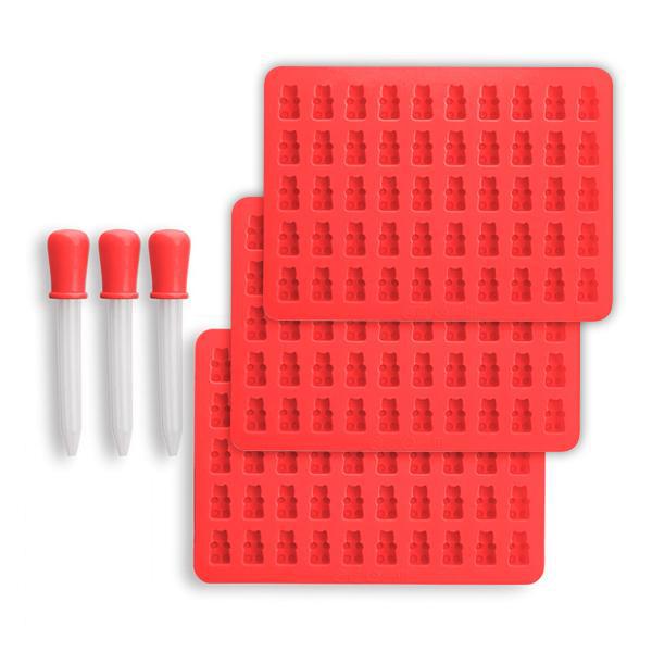 The Deal Society Silicone Gummy Bear Mold 3 Pack includes three FDA-approved, BPA-free molds with multiple bear cavities and three plastic droppers with red bulbs.